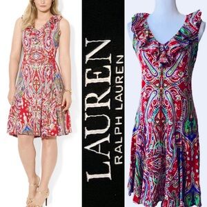 Lauren Ralph Lauren Dress Small Stretch Vibrant Red Paisley Cotton Ruffle V-Neck